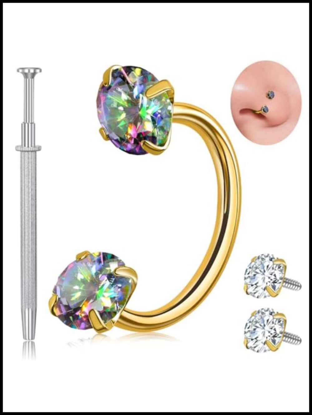 G23 Titanium Horseshoe Nose Ring 20G CZ Double Gem Hoop Piercing Jewelry